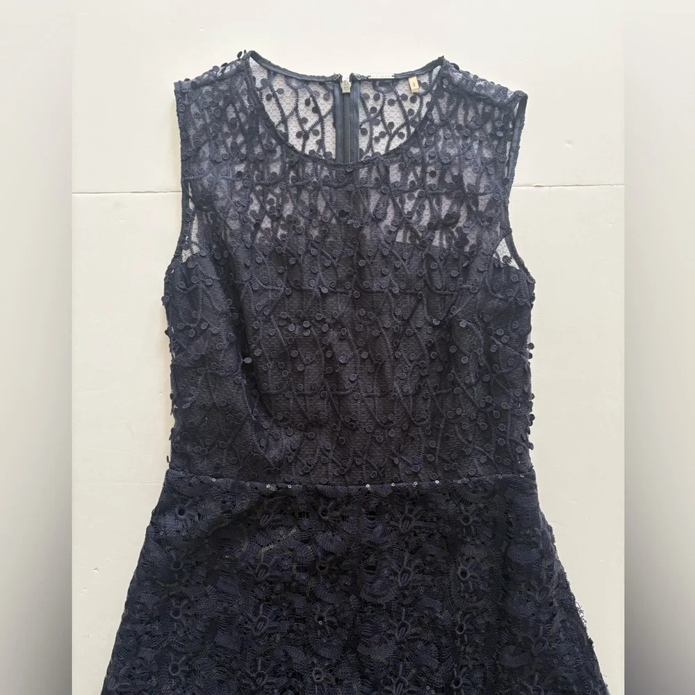 Elie Tahari Annabelle Feather-Trimmed Embellished Gauze Dress Navy Blue 0 - Picture 6 of 9